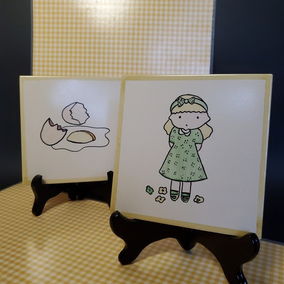 2 Portuguese Tile Trivet Pot Rests Vtg 70s Minimalist Pop Art Cartoon Gr… - Picture 2 of 11